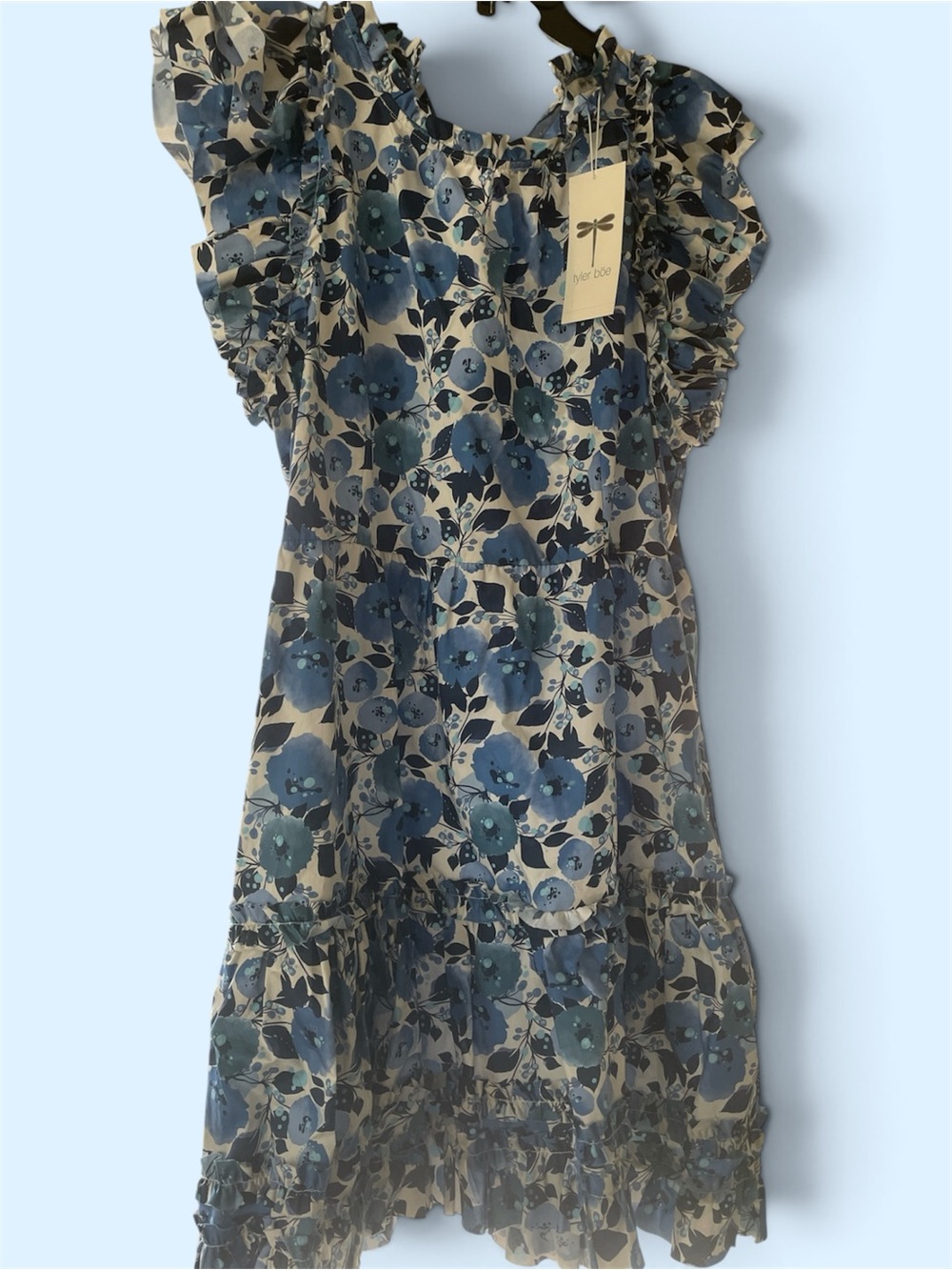Tyler Boe Blue & White Floral with knee-length Ruffle Women’s Dress size L